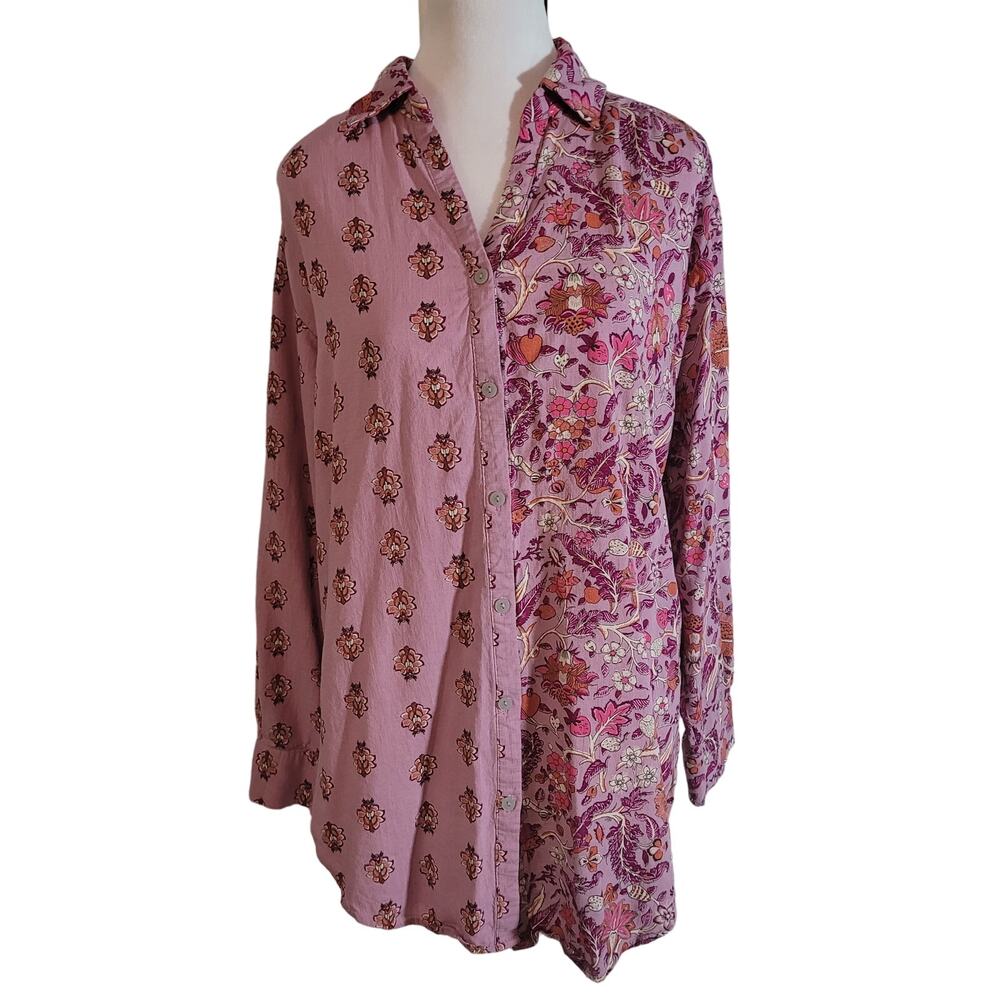 Knox Rose Size M	Floral‎ Mixed Print Linen Blend Pink Button Up Hi-Low Top